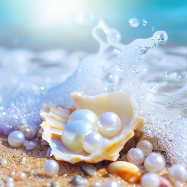 Pearls in shell on sand and sea splash