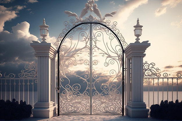 Premium AI Image | Pearly gates with a view of paradise beyond