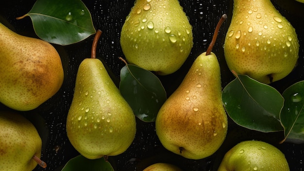 Pears are on a table with rain drops on them.