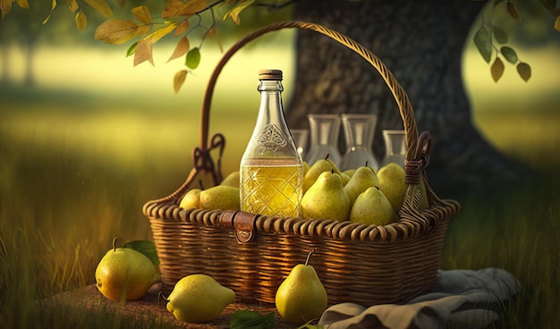 Photo pears in a basket with a bottle of pears