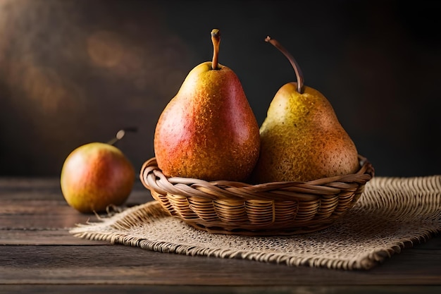 Pears in a basket with a smoke behind them