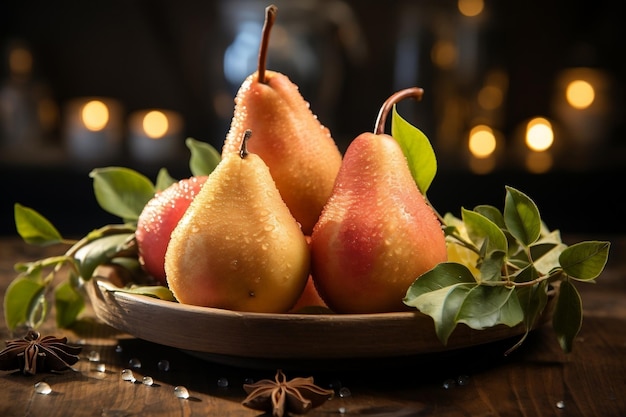 Photo pears and cinnamon on a wooden table