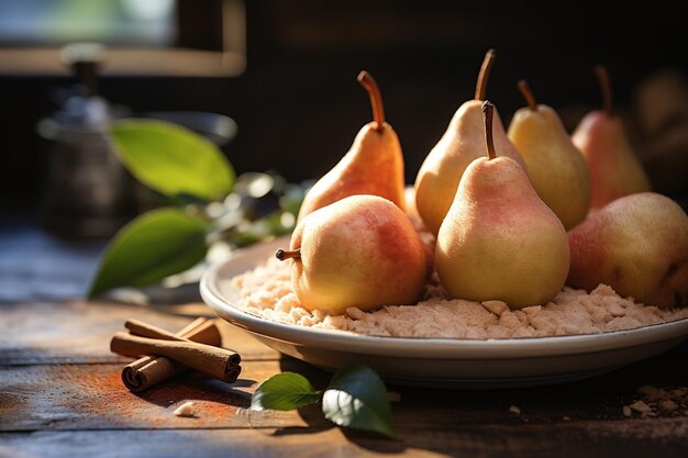 Photo pears and cinnamon on a wooden table