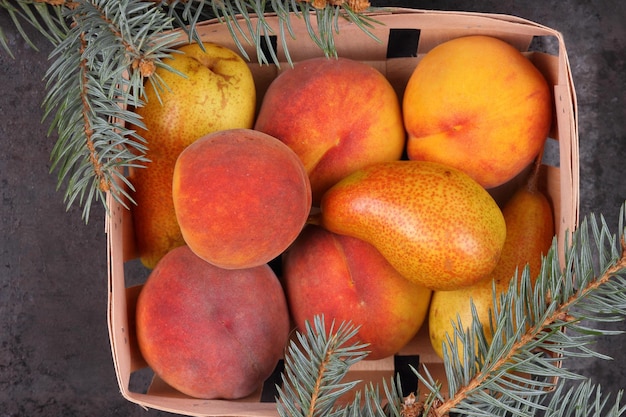 Pears and peaches with fir branches in a wooden basket on a dark background Cozy winter still life Closeup