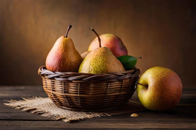 Pears and pears in a basket on a table