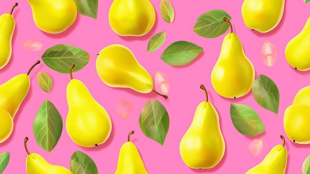 pears on a pink background with leaves and a pink background.