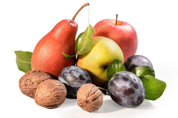 pears plums and walnuts on a white background with soft shadow