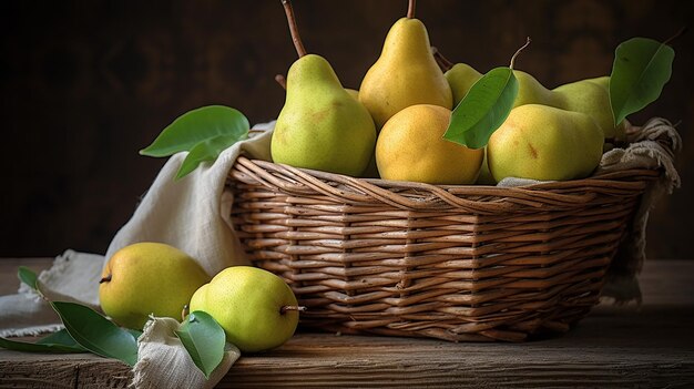 pears on rattan basket on wooden table