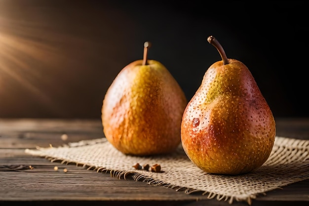 Pears on a table with a light in the background