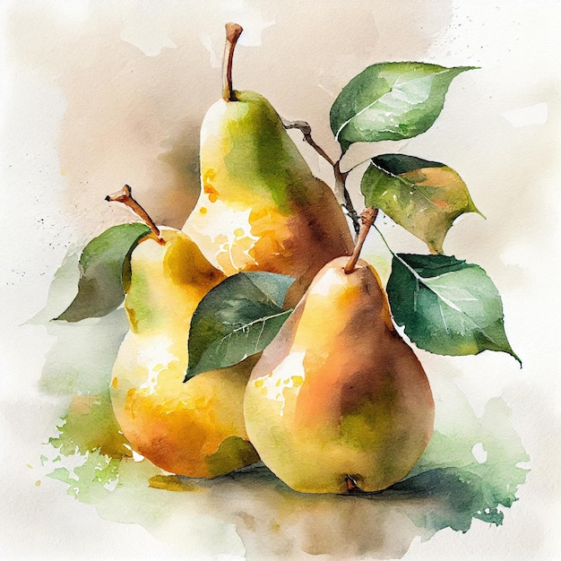 Pears. Watercolor on white paper background. All the fruits.