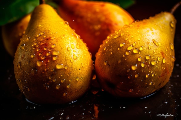 Pears with water droplets on them on a black background