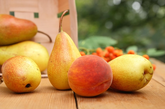 Pears in a wooden basket on a blurred background Basket with pears on a wooden table closeup