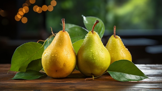 Pears on wooden table with a leaf isolated on blur background