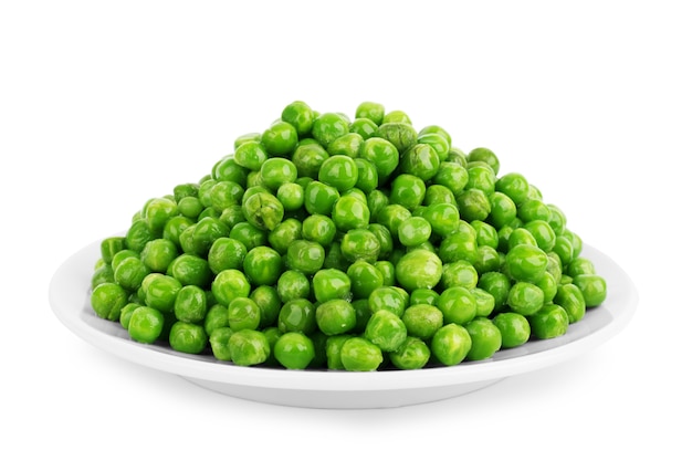 Peas in a white plate on a white background