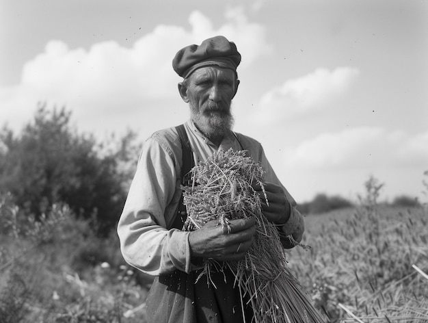 Foto contadino con un fascio di lavanda