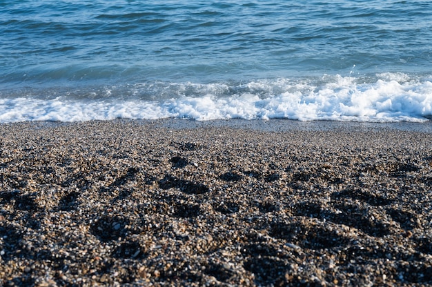 Spiaggia ghiaiosa con surf che si infrange sullo sfondo.