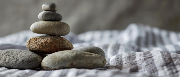 Photo pebble stack on striped fabric background