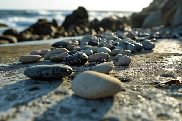 Pebble stones on the beach in the evening light with waves