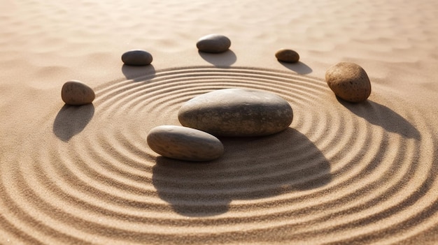 Pebble stones lie on the sand in definite order Zen meditation Generative AI