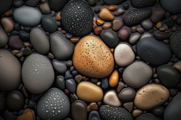Pebble stones seamless background adorned with glistening droplets of water AI generated