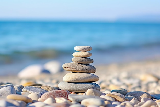 Pebble Tower Balance Harmonious Stones Arrangement on Sea Beach