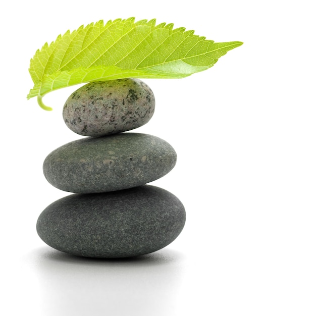 Pebbles pile and a leaf isolated over a white background