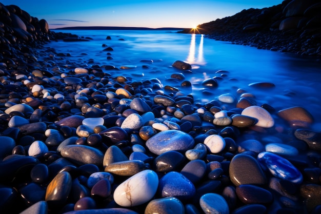 pebbles and rocks on the beach at dusk