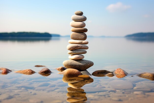 Photo pebbles stacked into a balancing tower on a peaceful beach