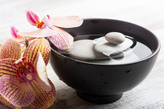 Pebbles in water and red orange orchid