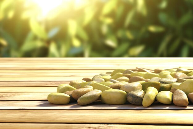 Pebbles on wooden table against blurred background Space for text