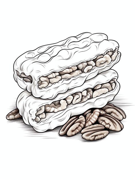 Photo pecan bar with gooey filling tasty dessert coloring book page in black and white for adults and