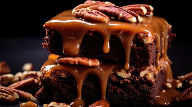 Foto pecan brownies closeup kijk naar luxe noten brownies met karamel glazuur