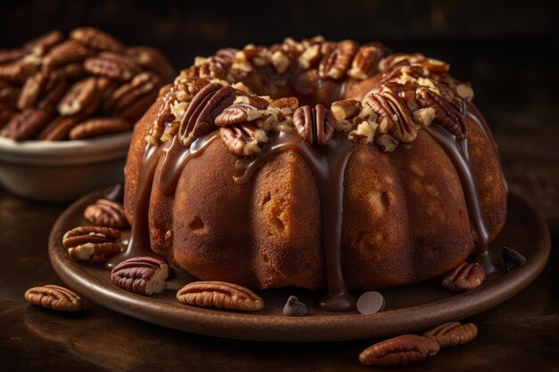 A pecan cake with pecans on top sits on a plate with pecans on the side.