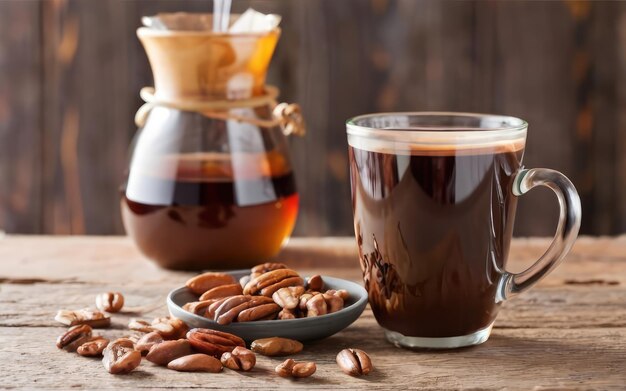 Pecan Coffee Freshly brewed coffee with a hint of roasted pecan flavor served in a cup