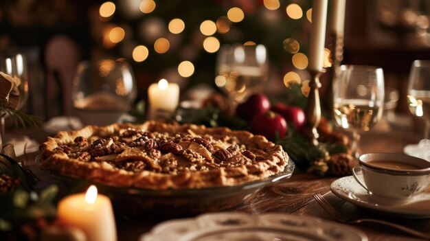 Foto torta di mele con crosta di pecan contro una tavola di festa natalizia