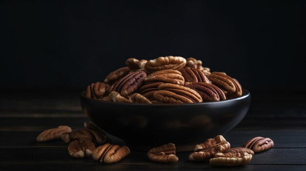 Foto pecan in una ciotola su uno sfondo scuro