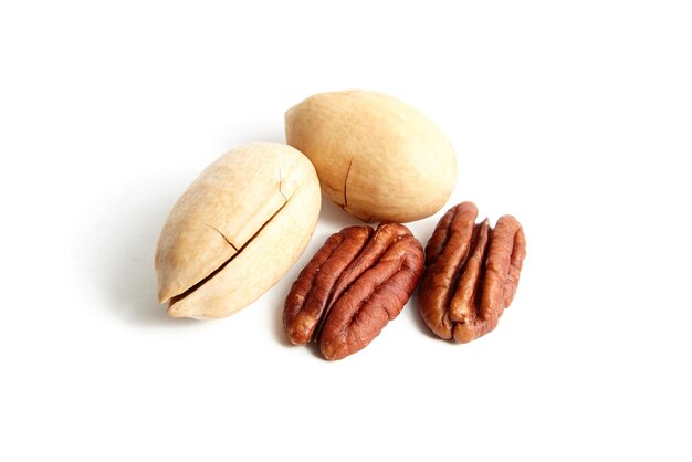 Pecan nuts in shell and peeled pecan halves isolated on white Two whole and two halves of pecan nuts