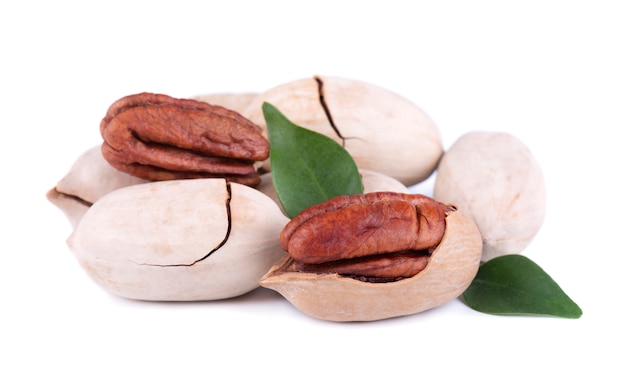 Pecan nuts with leaves, isolated on white . Shelled and unshelled pecan.
