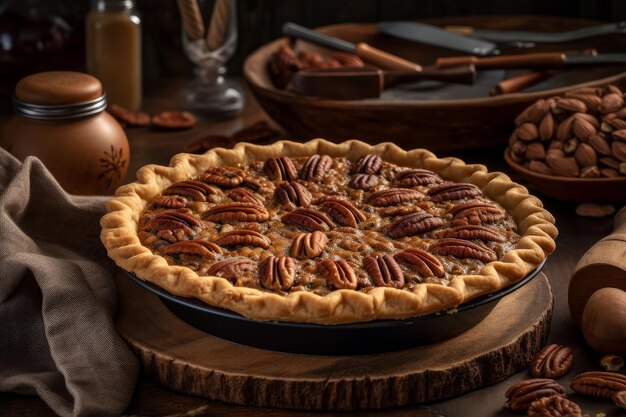 A pecan pie sits on a table with other dishes.