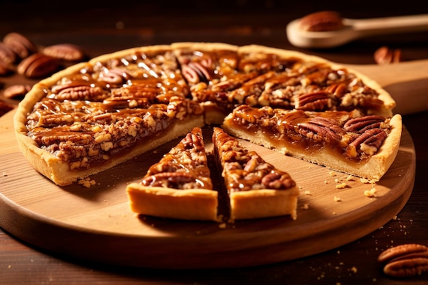 Pecan pie slices are on a round wooden board