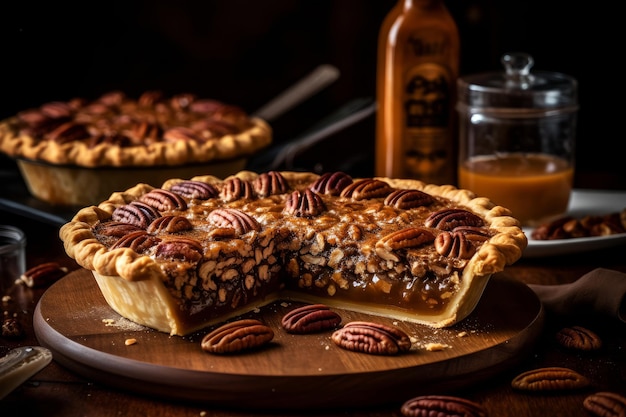 Pecan pie with a bottle of budweiser behind it