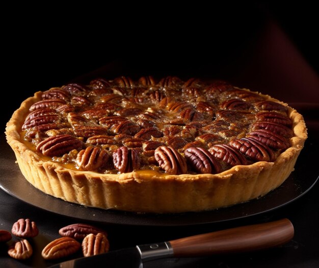 A pecan pie with a golden crust