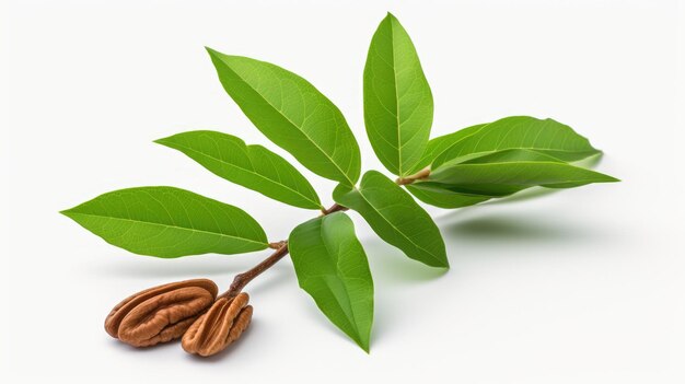 Photo pecan with leaves on white background ai generative