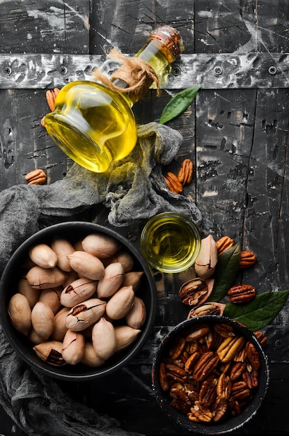 Pecannootolie Gezonde voeding Veganistische olie Bovenaanzicht Vrije ruimte voor uw tekst