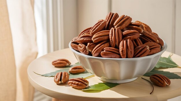 Pecans on white bowl