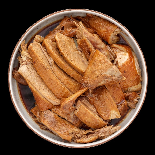 Ped Pa Lo tasty brown Chinese stewed duck in bowl isolated on black background square ratio top view