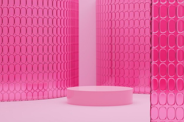 Pedestal copy space in pink interior with glass walls 3d rendering background