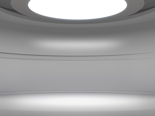 Pedestal for display in empty white room with lights from above, Blank product stand.