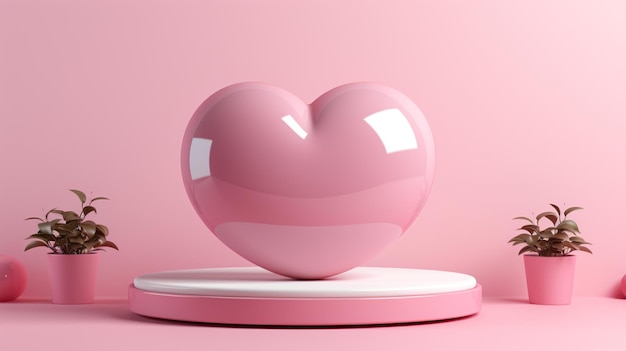 pedestal display and a love heart on it isolated on pink background