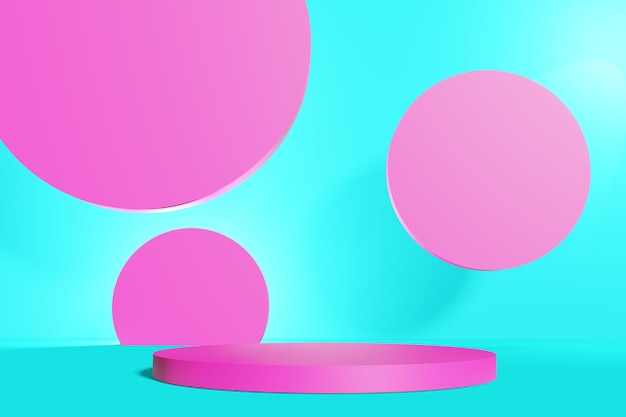 Display a piedistallo con cilindri rosa e sfondo blu astratto con concetto di supporto della scatola podio per prodotti di promozione del marchio rendering digitale 3d realistico
